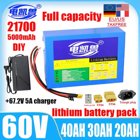 새로운 60V 40Ah 30Ah 20Ah 10Ah 21700 리튬 이온 배터리 팩 0-3000W 고출력 전동 공구 내장형 BMS+67.2V 충전기