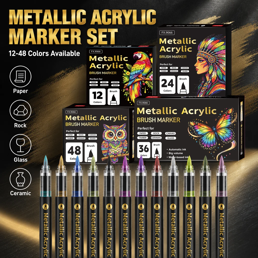 Metallic Acrylic Soft-Tipped Markers, Water-Based Quick-Drying Stackable Color Markers for Hand Drawing, Suitable for Rock, Glass, Ceramic, Canvas, Wood, and Various Materials, Available in 12/24/36/48 Colors and Multi