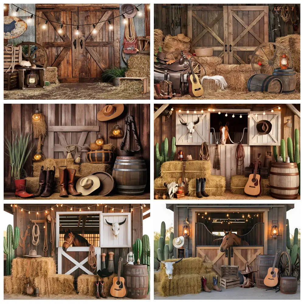 

Western Cowboy Photography Backdrop West Rustic Farm Barn Wooden House Bale Wheel Baby Shower Portrait Background Photo Studio