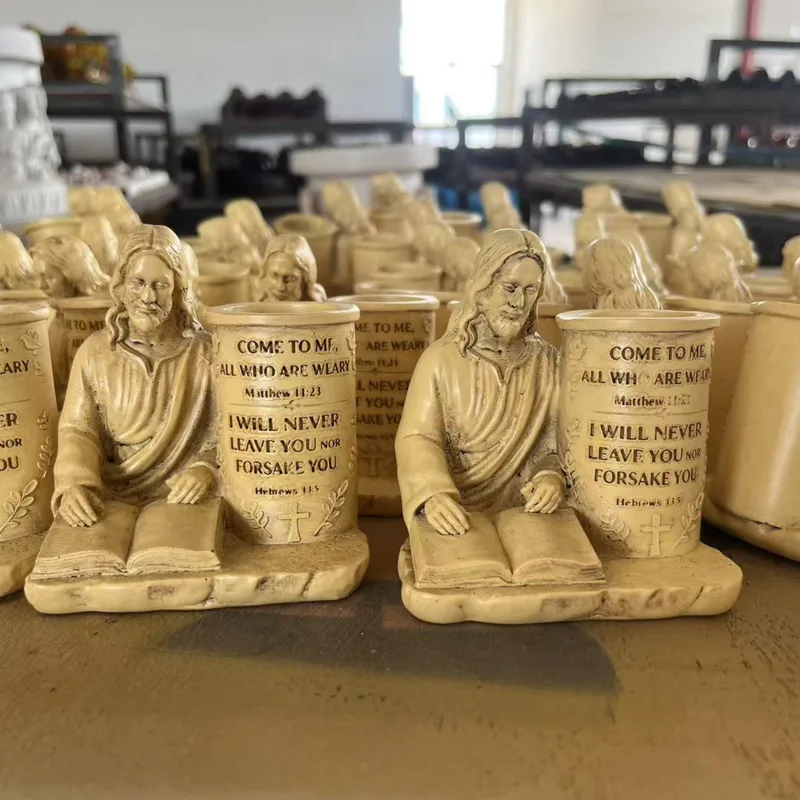 Easter Pen Holder Jesus Statue, Reading Figurine Desktop Organizer Resin, Pencil Cup Home Office Table, Decor Religious Gift