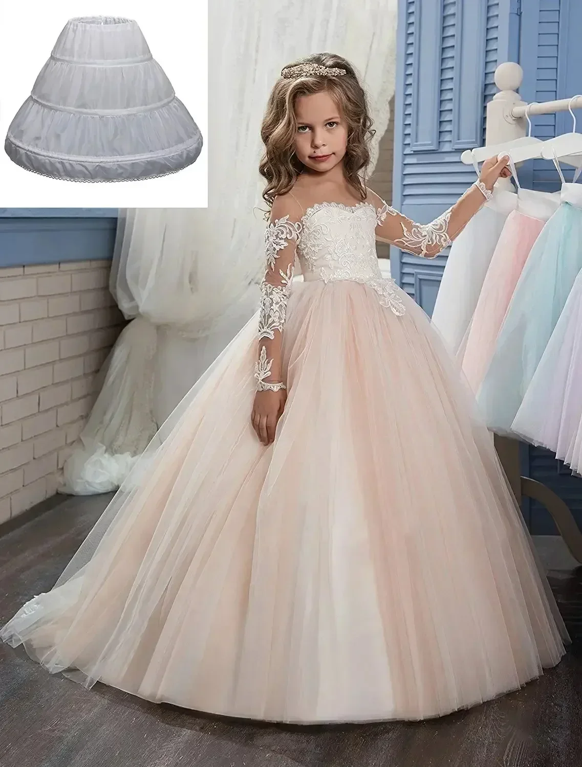 Girls' 3 Hoops Petticoat Full Slip Flower Girl Crinoline Skirt Custom Made Wedding Gown Bridal Dresses