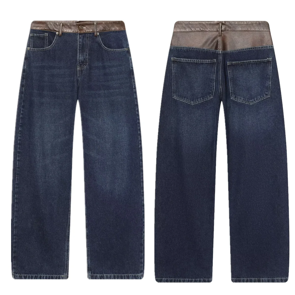 Maxdutti 2026 Spring Pu Leather Splicing Straight Pants Minimalist Jeans Women's Jeans Women's Denim Pants Woman Clothes