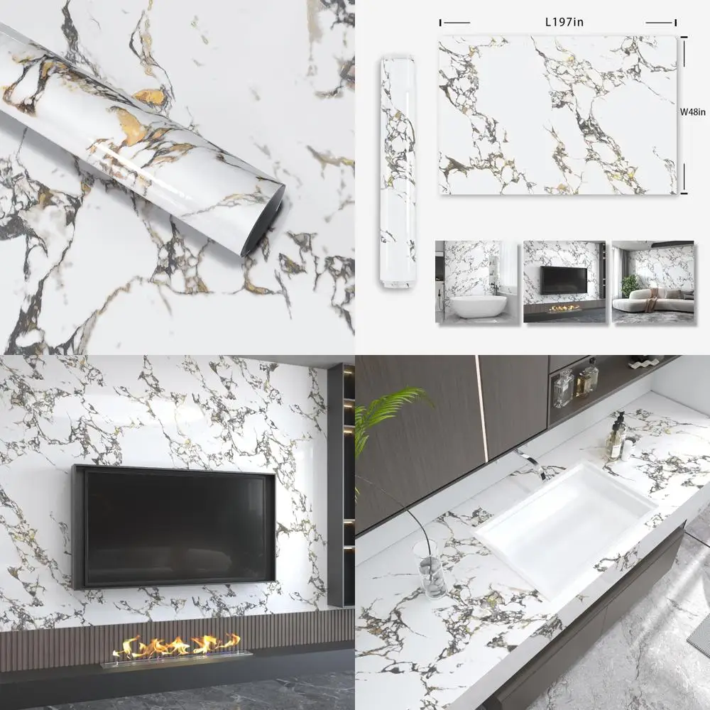 Papel de contato de mármore autoadesivo à prova d'água para bancadas de granito, ampliar 197x48 polegadas, descascar e colar, granito de ouro branco loo