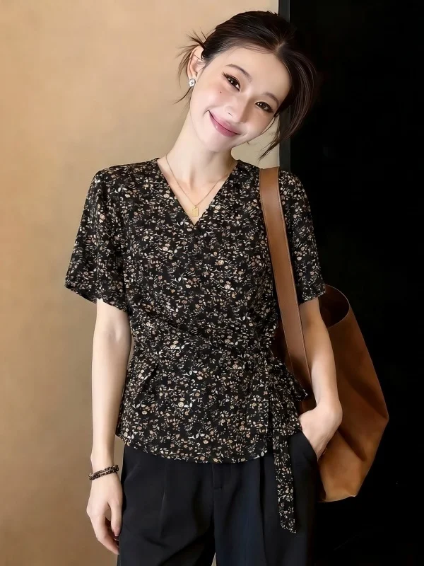 

Floral V-neck Short Sleeve Shirt Women's Summer New Style plus Size Fashionable Top Waist-Cinching Korean Style Bubble Sleeve