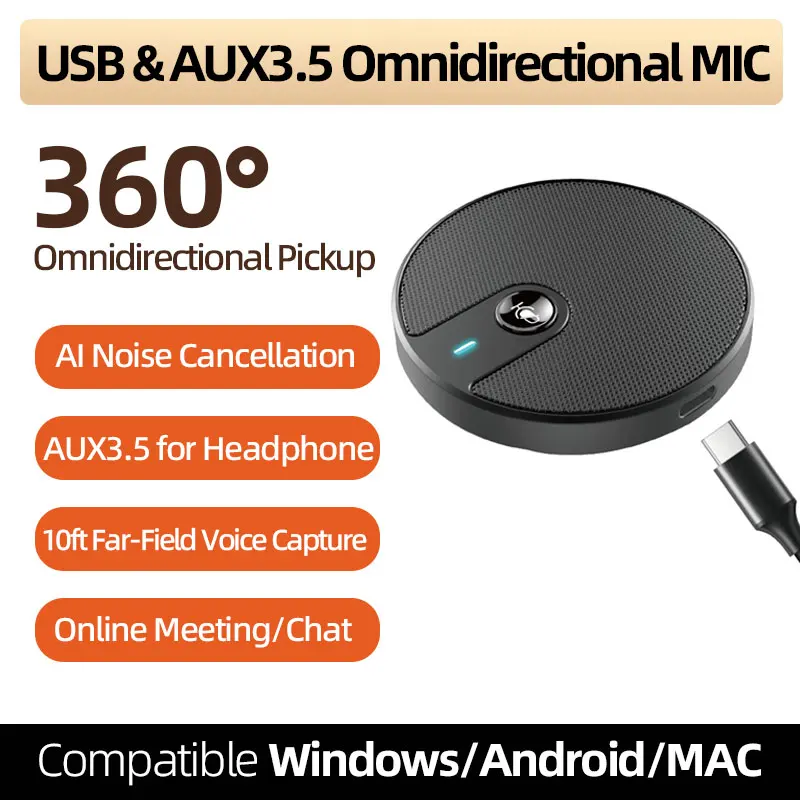 USB & AUX3.5 Interface Omnidirectional Microphone with 3-Meter Long-Range Sound Pickup for 4-8 Person Meetings