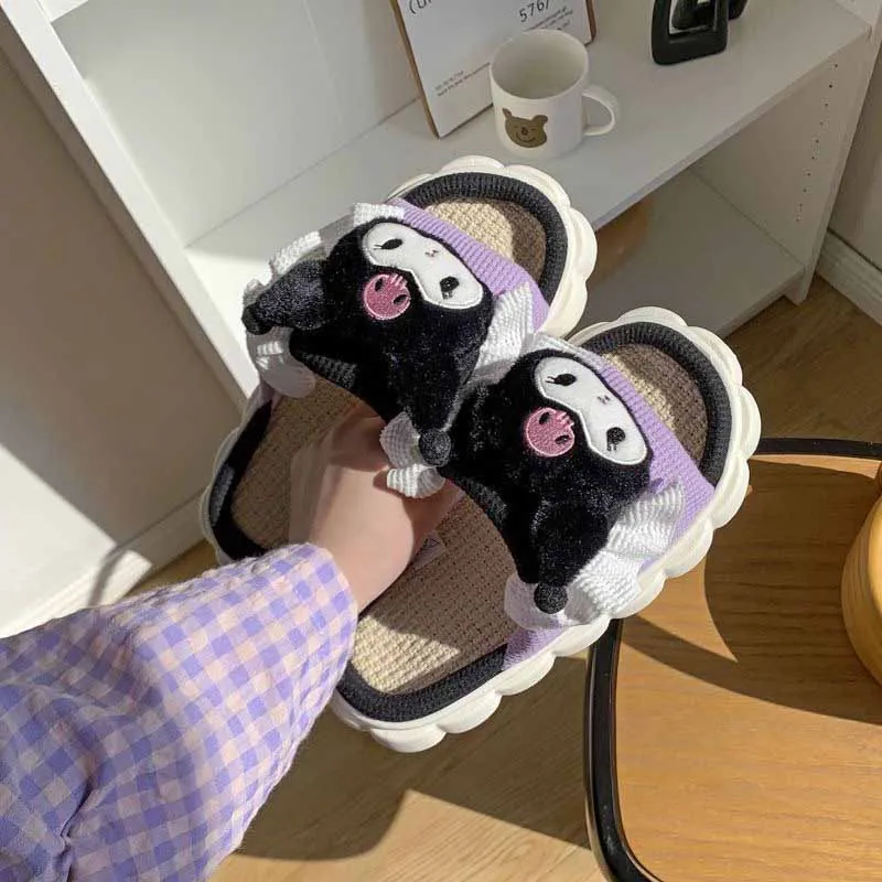 Anime Kawaii Sanrio Hello Kitty Sweet Household Slippers Cute Cartoon Non-Slip Comfortable Home Shoes Linen Slippers Girls Shoes