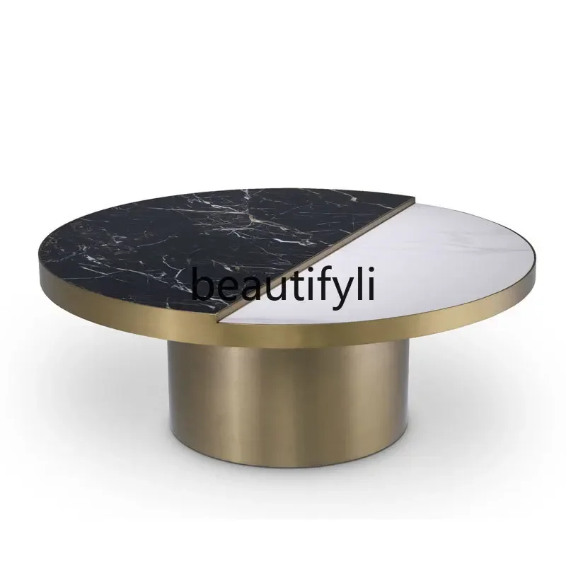 Light luxury stainless steel gold-plated round marble sofa coffee table