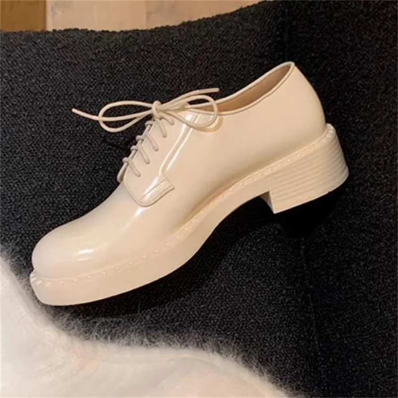 

Crossover Strap Shoes for Ladies Round Toes Chunky High Heels Sewing Lines Tacones Solid Female Loafers Shallow Chassure Femme
