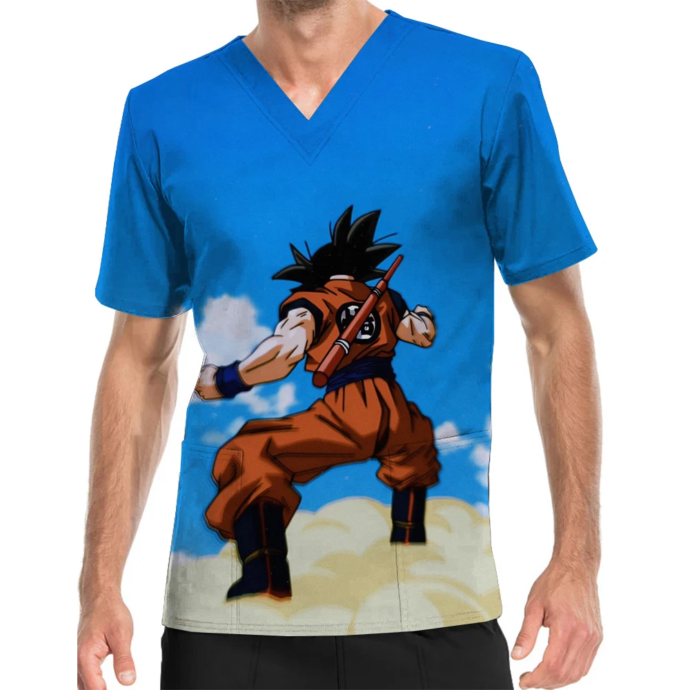 Men's Nursing Work Uniform V-Neck Print Scrub Top Goku Super Saiyan Embossed Top Ophthalmology Dental Work Top