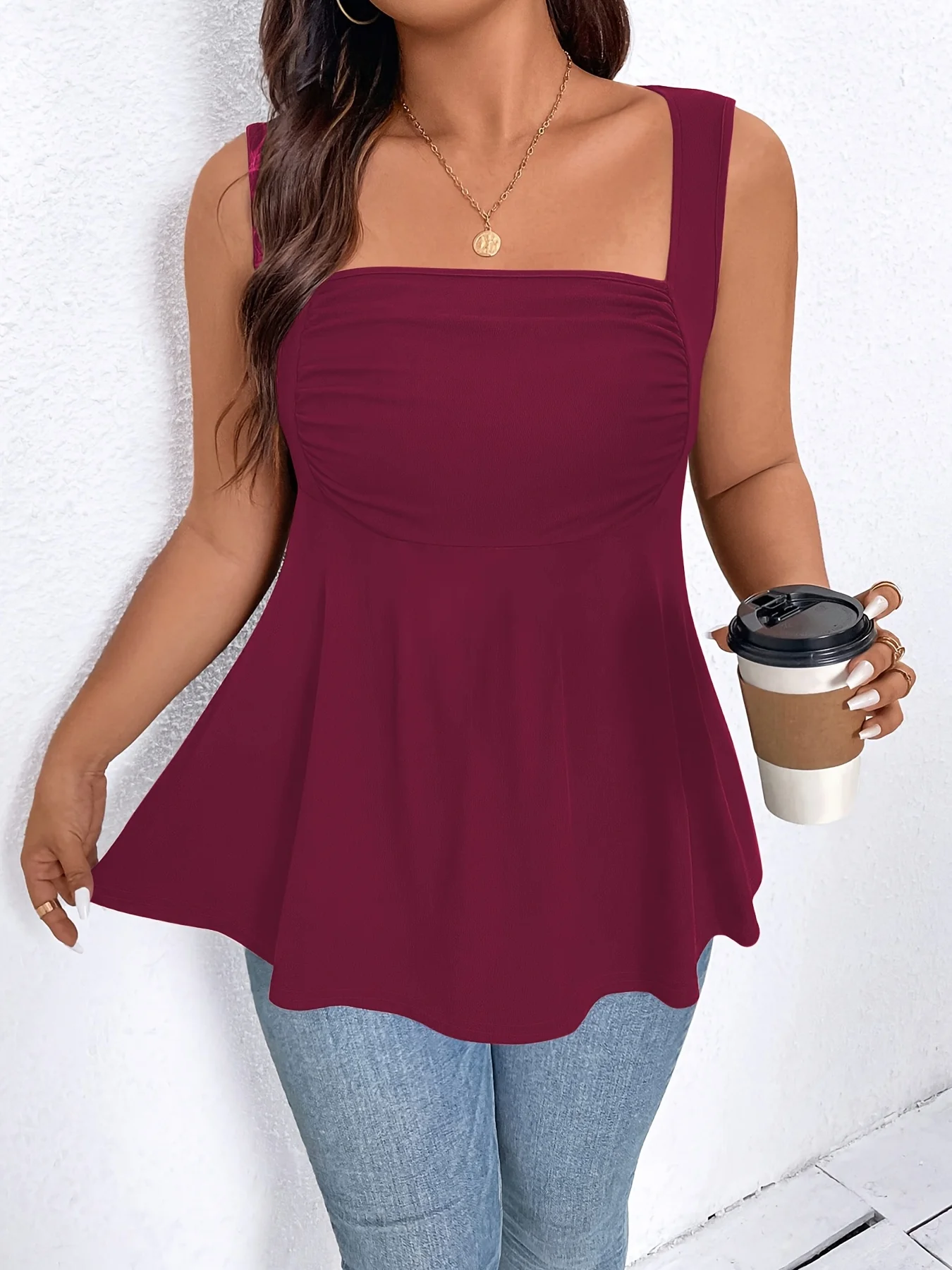 Elegantes Plus-Size-Oberteil für Damen mit quadratischem Ausschnitt und Raffungen für mühelosen Stil – Detail 21