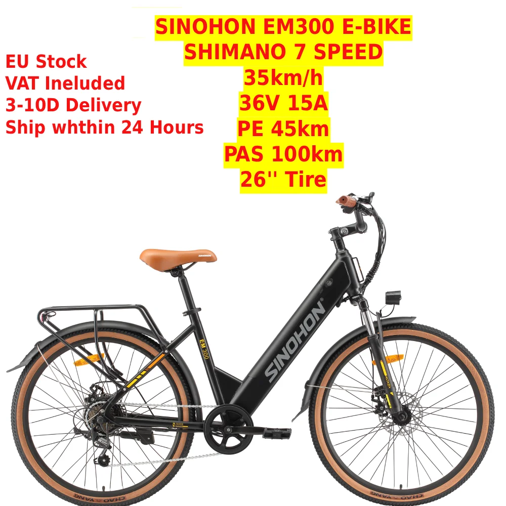 Vélo électrique SONOHON EM300, 35 km/h, moteur sans balais 250W, batterie 36V 15.6Ah, pneu 26 pouces, 7 vitesses, frein à disque, vélo électrique