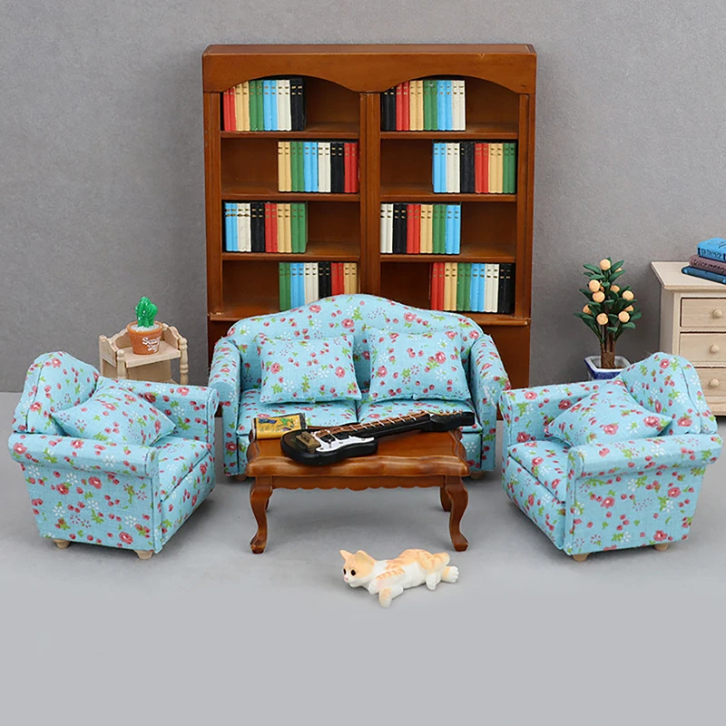 1/3Pcs 1:12 Dollhouse Miniature Single Sofa Double Sofa With Pillow Blue Background Red Small Floral Sofa Model Furniture Toys