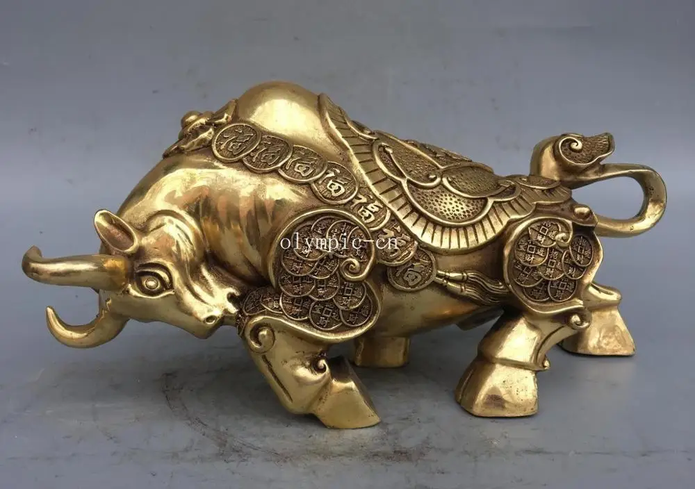 

12'' brass copper home fengshui decor auspicious fortune wealth ox bull statue