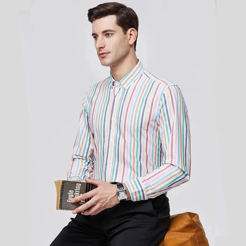 100% Cotton 6XL Large Sizes Streetwear camisas Oxford Long Sleeve Shirt For Men Buttons Plaid Shirt Striped Pocket Mens Shirts