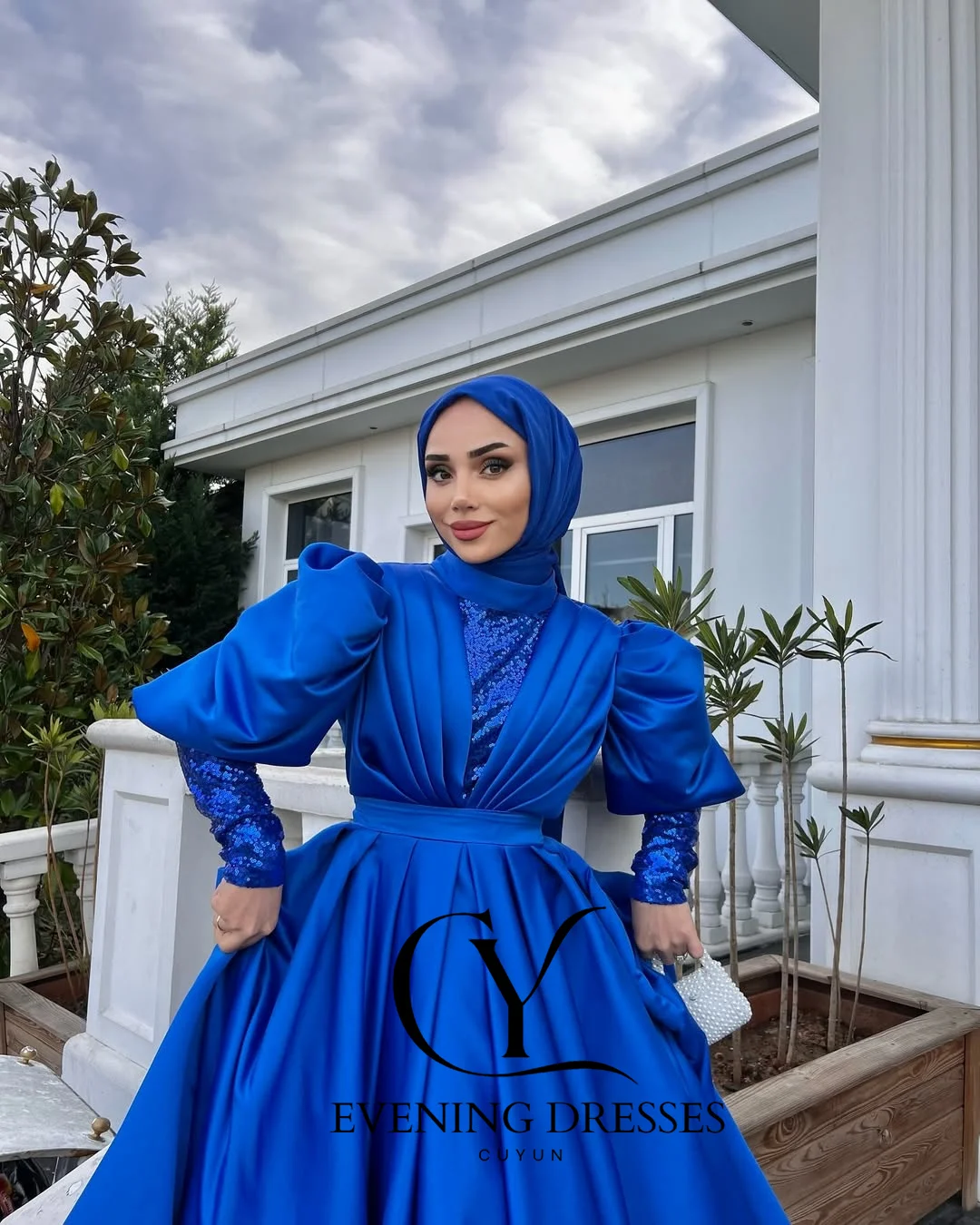 CUYUN Королевские синие мусульманские платья для выпускного вечера по индивидуальному заказу, драпированное вечернее платье с высоким воротником и длинными рукавами, Саудовское платье для торжественного случая