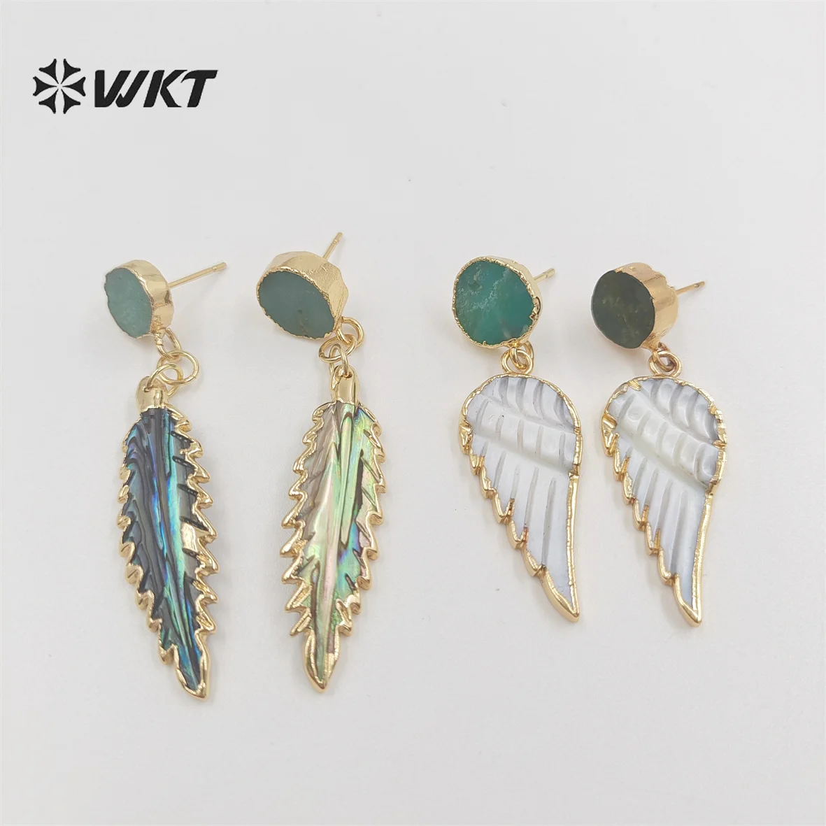 WT-MPE076   WKT 2022 HOT SALE Earrings Shell&Chrysoprase Natural Feather Shape Fashion Style Earrings For Exquisite Gift Party