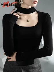 MadBlack European Clothes Tshirt Women Sexy Hollow Out Slim Knit Tops Full Sleeve Elastic Tees Autumn Winter New 2023 T41131JM