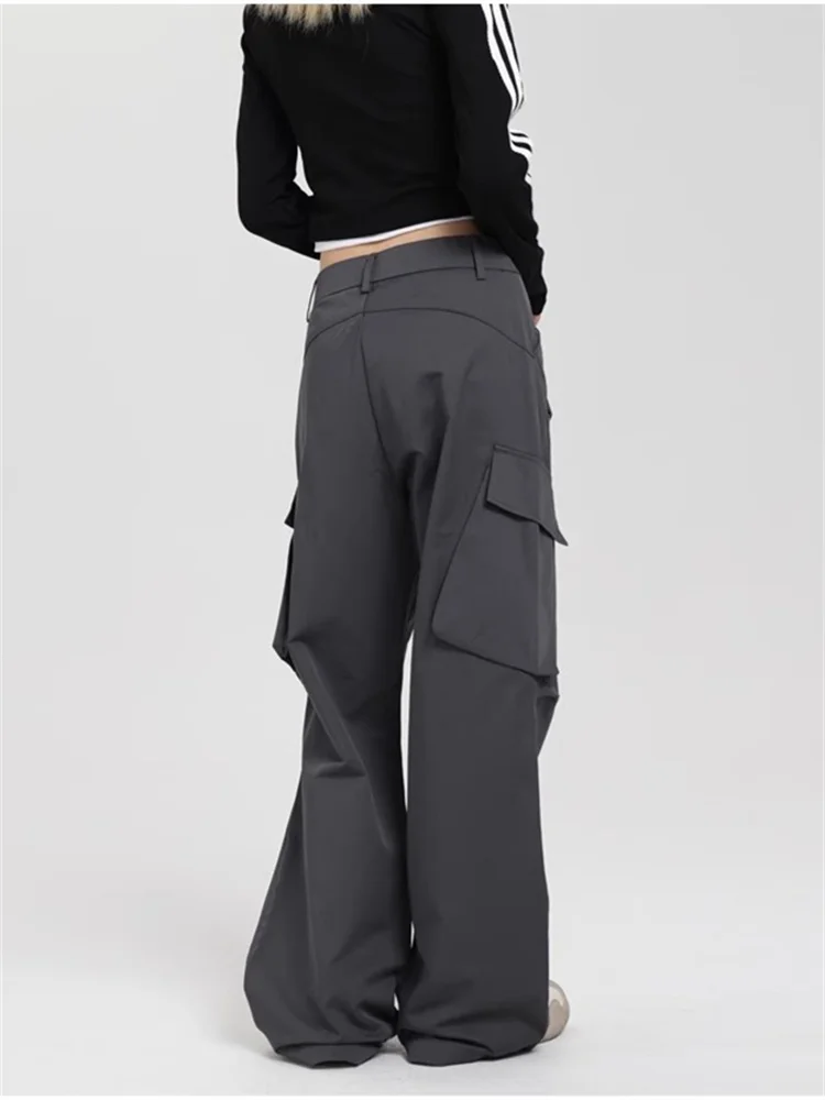 QWEEK Y2K Vintage Gray Cargo Pants Women Korean Fashion Wide Leg Trousers Oversized Streetwear Hip Hop Pleated Basic Pantalones