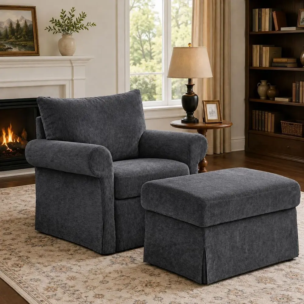35.82 Oversized Accent Chair with Ottoman, Chenille Armchair, Gray | Accent Chair Set; Deep seat for relaxing; soft chenille; co
