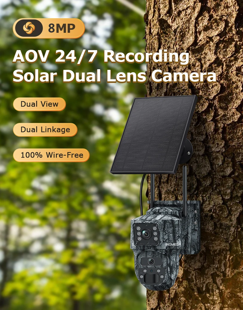 INQMEGA 8MP 4G Solar Security Camera Wireless Outdoor Dual Screen Camouflage Camera 7/24 Always On Video Recording PIR Detection