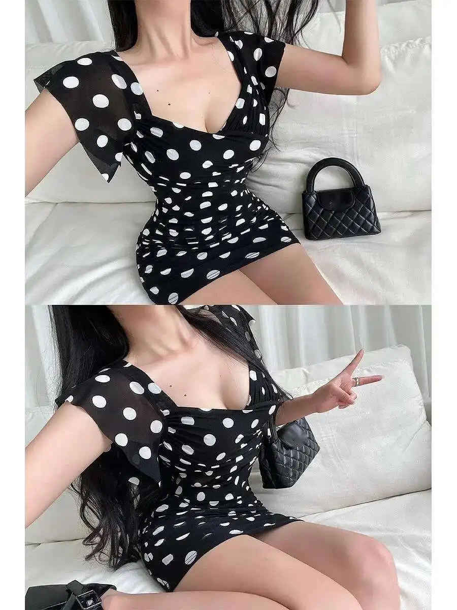 Desire Sexy Pure V-hals Laag Uitgesneden Geplooide Mesh Polka Dot Korte Mouw Jurk Elegante Korte T-shirt Mini Jurk Sexy Vrouwen top LDB7