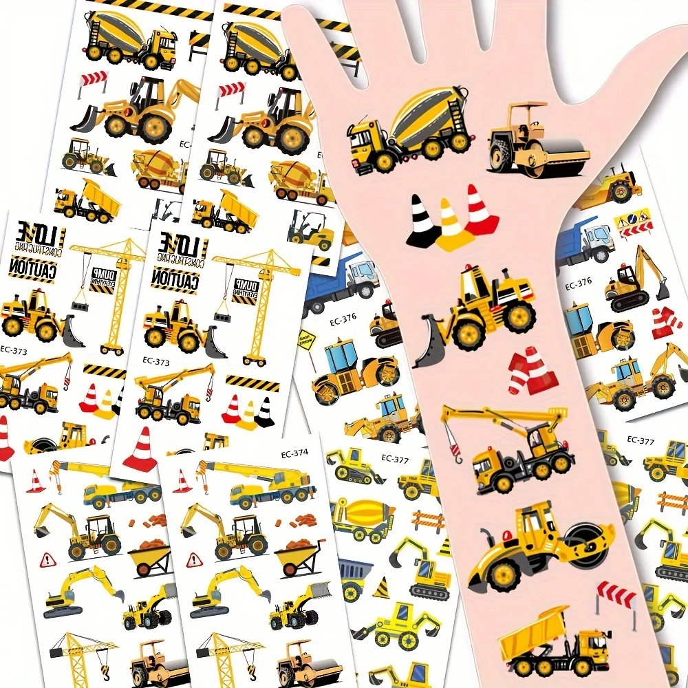 10 Sheets Excavator Vehicle Pattern Temporary Tattoos For Body Art Engineering Crane Cartoon Tattoos Stickers for Face Hand