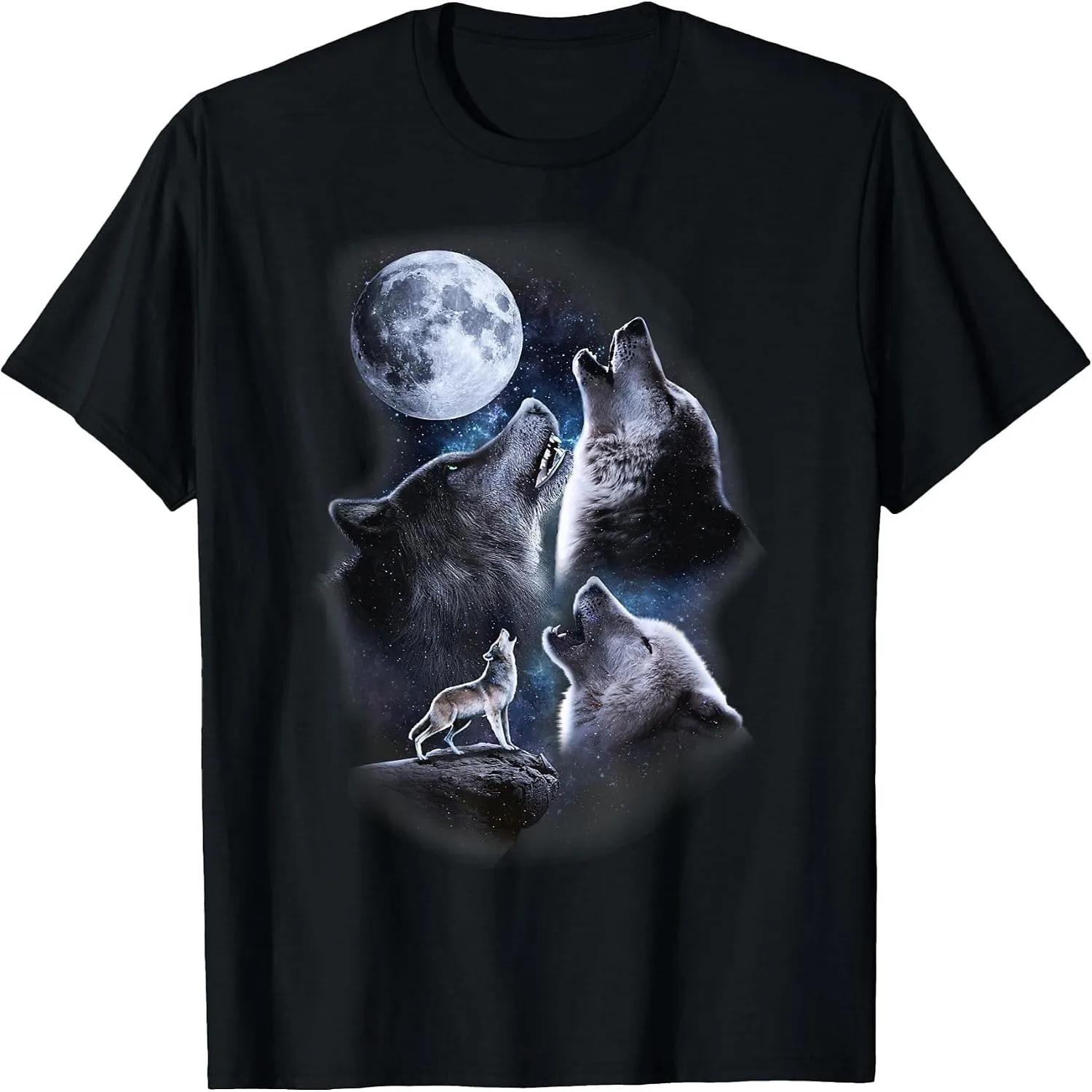 Wolves Howling At Full Moon Galaxy Space Night Sky Wolf Pack T-Shirt