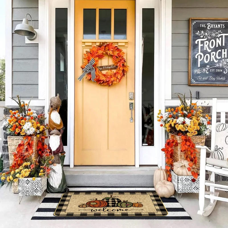 VIKAMA Outdoor Fall Welcome Pumpkin Mat Buffalo Check Plaid Non Slip Farmhouse Thanksgiving Front Door Decor Rug