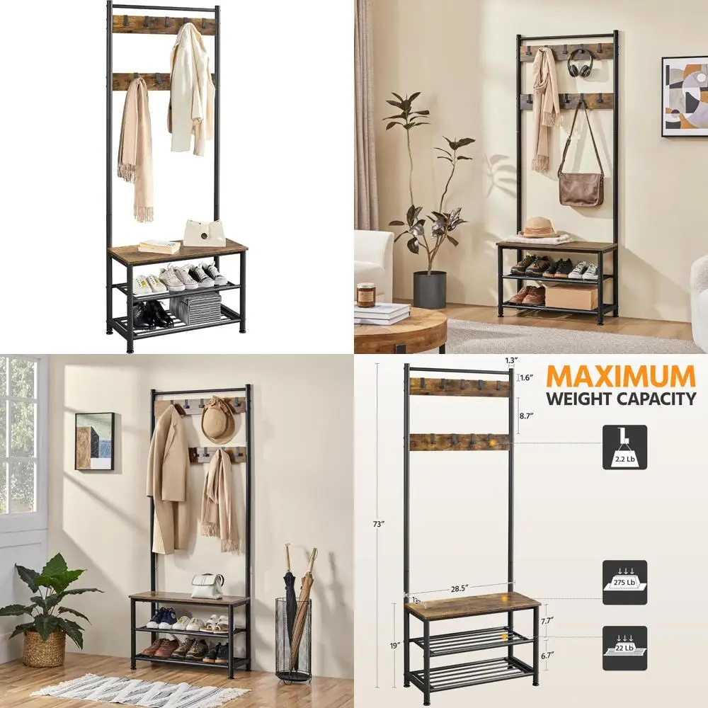 

Industrial Entryway Storage Bench with Shoe Rack, 9 Hooks, and Storage Shelf, Easy Assembly, 3-in-1 Functional Hall Tree