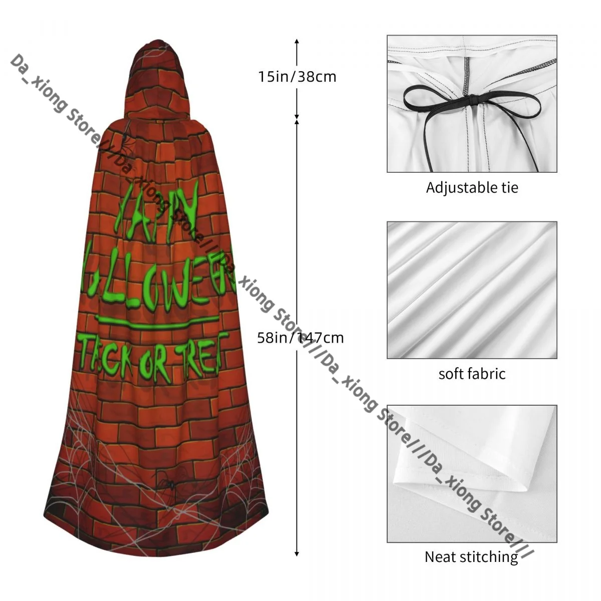 رداء ساحرة طويل بغطاء للرأس، طوب حائط للهالوين السعيد مع شبكة عنكبوت، عباءة الهالوين، أزياء تنكرية للبالغين