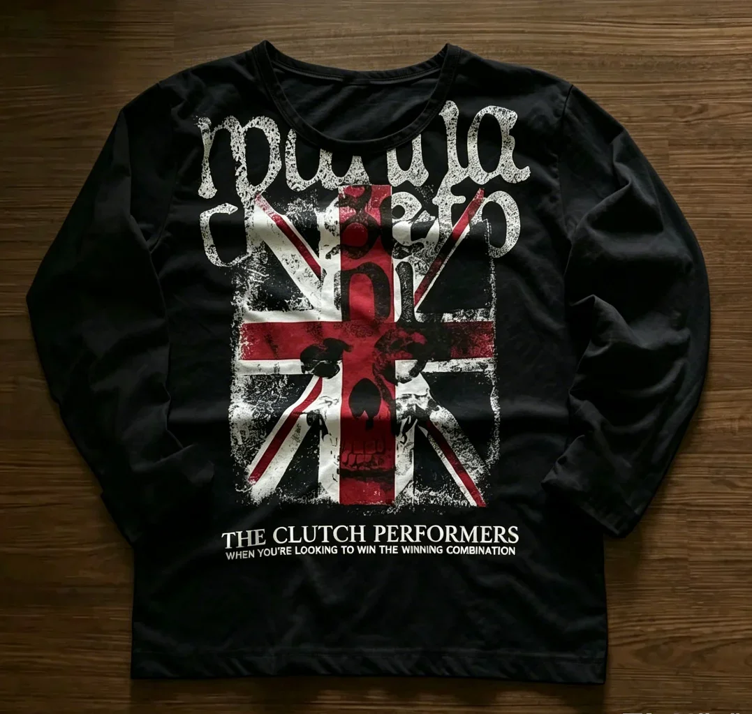 Vintage Distressed Flag Skull Letter Graphic 3D Print Long Sleeve T Shirt Unisex Retro Punk Streetwear Casual Top for Men Women