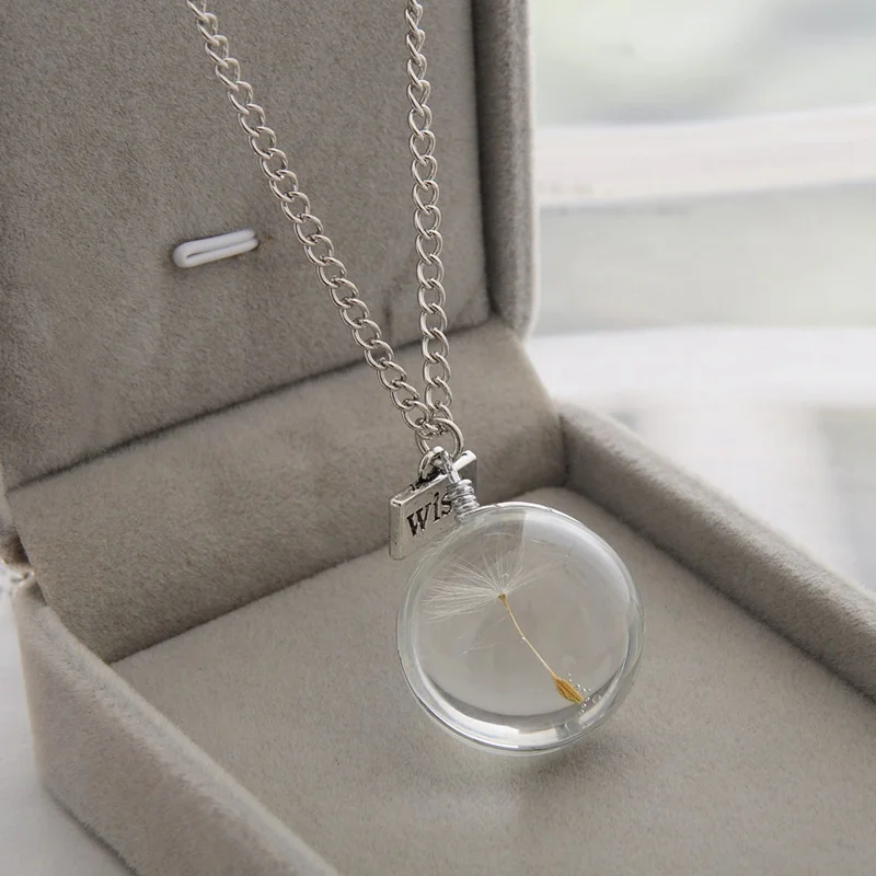 Natural Dandelion Pendant Necklace Wishing Glass Bottle Crystal Pendant Necklace Plant Handmade Jewelry Gifts For Women Girls