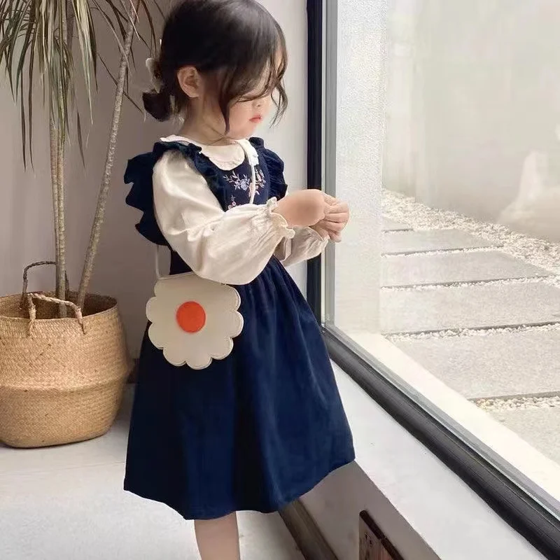 

New Children's Suit Kids Suits Clothing Outfit 2024 Autumn Girls Clothes Sets Solid Long Sleeve Blouse Dress 2pcs