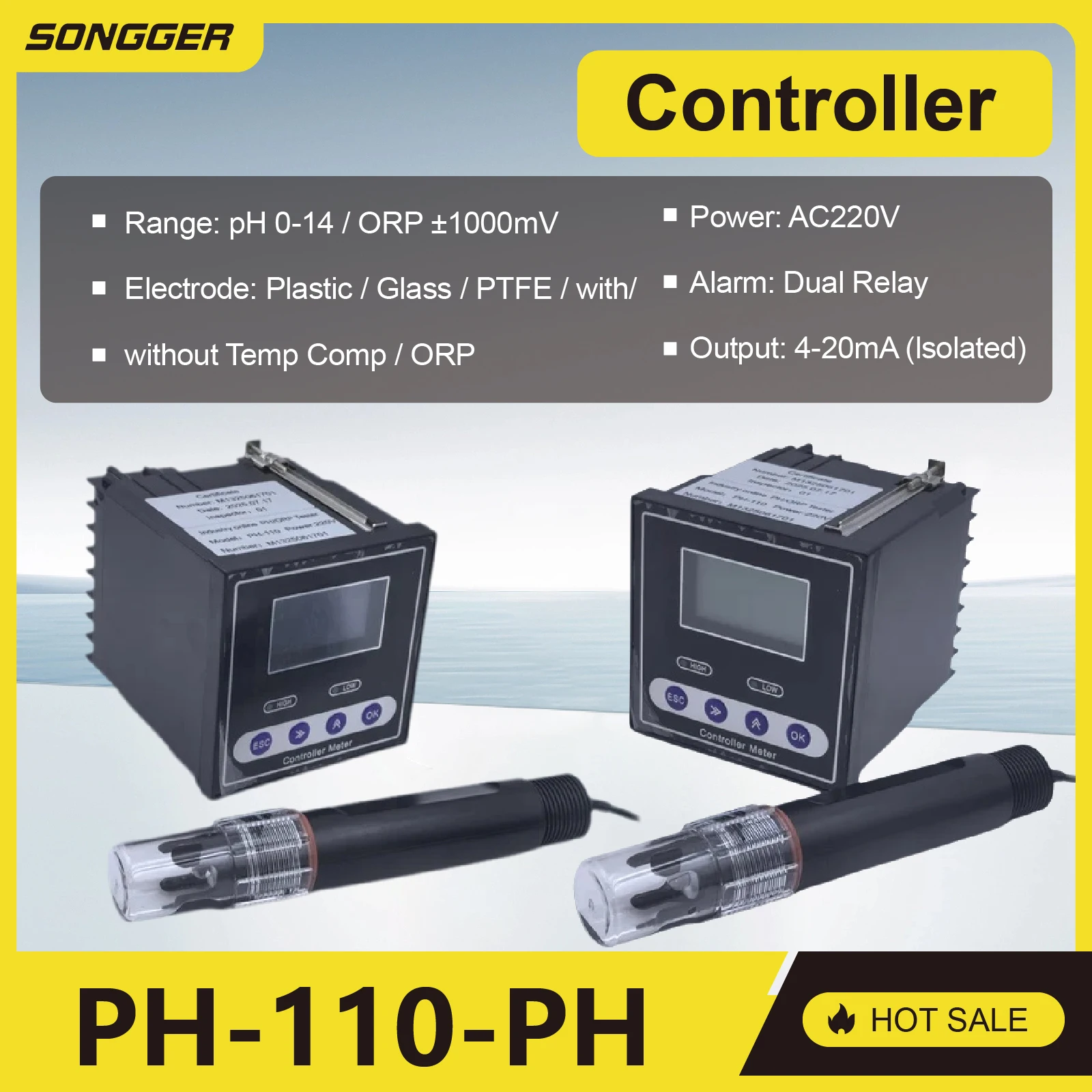 4‑20mA RS485 온라인 pH 센서 산업용 pH ORP 미터 컨트롤러 PH-110 폐수 산도 모니터 고온 패널 장착 장치