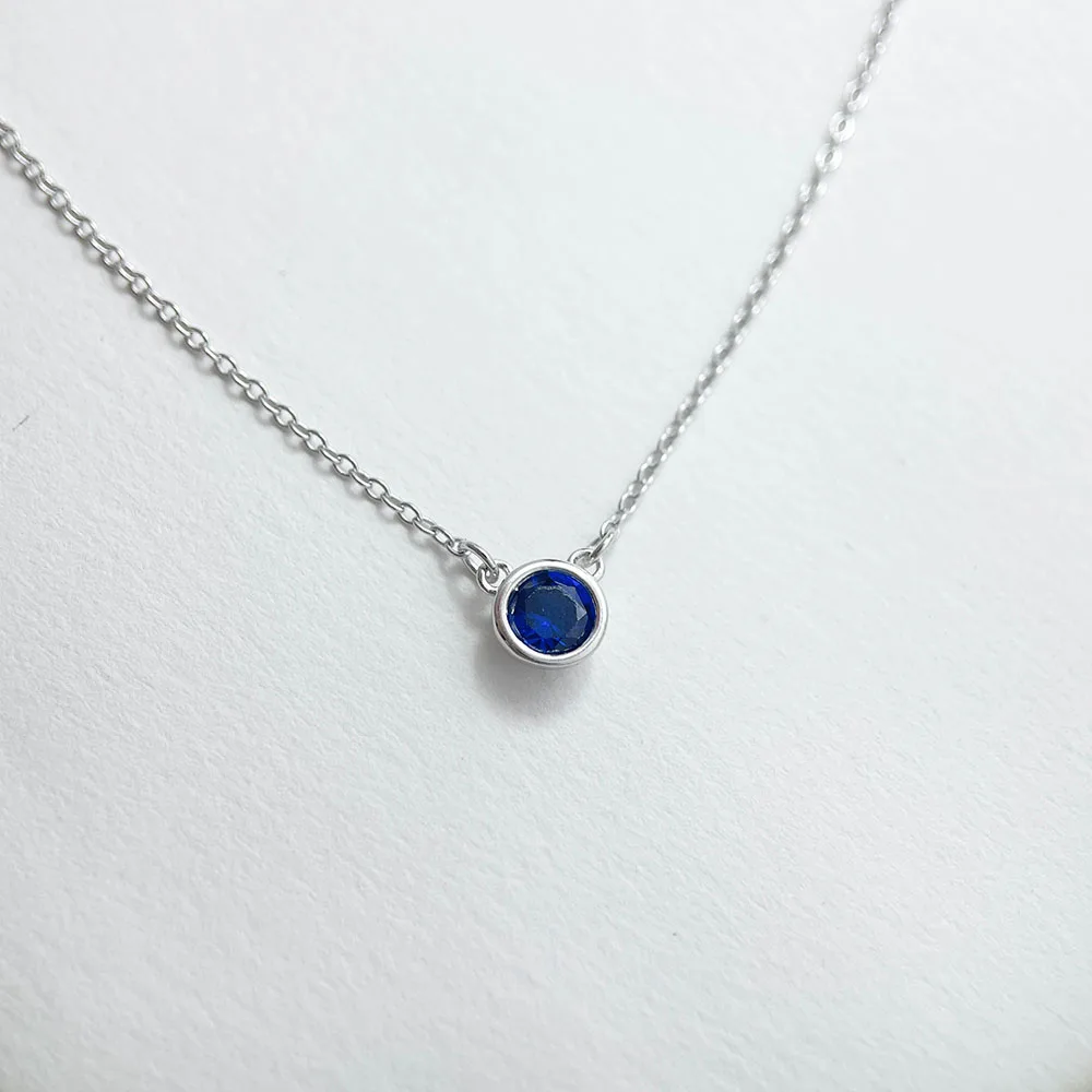 16+2in Cute 925 Sterling Silver Sapphire Blue Round CZ Stone Chain Short Choker Necklace For Women Girls Jewelry Kolye Collares