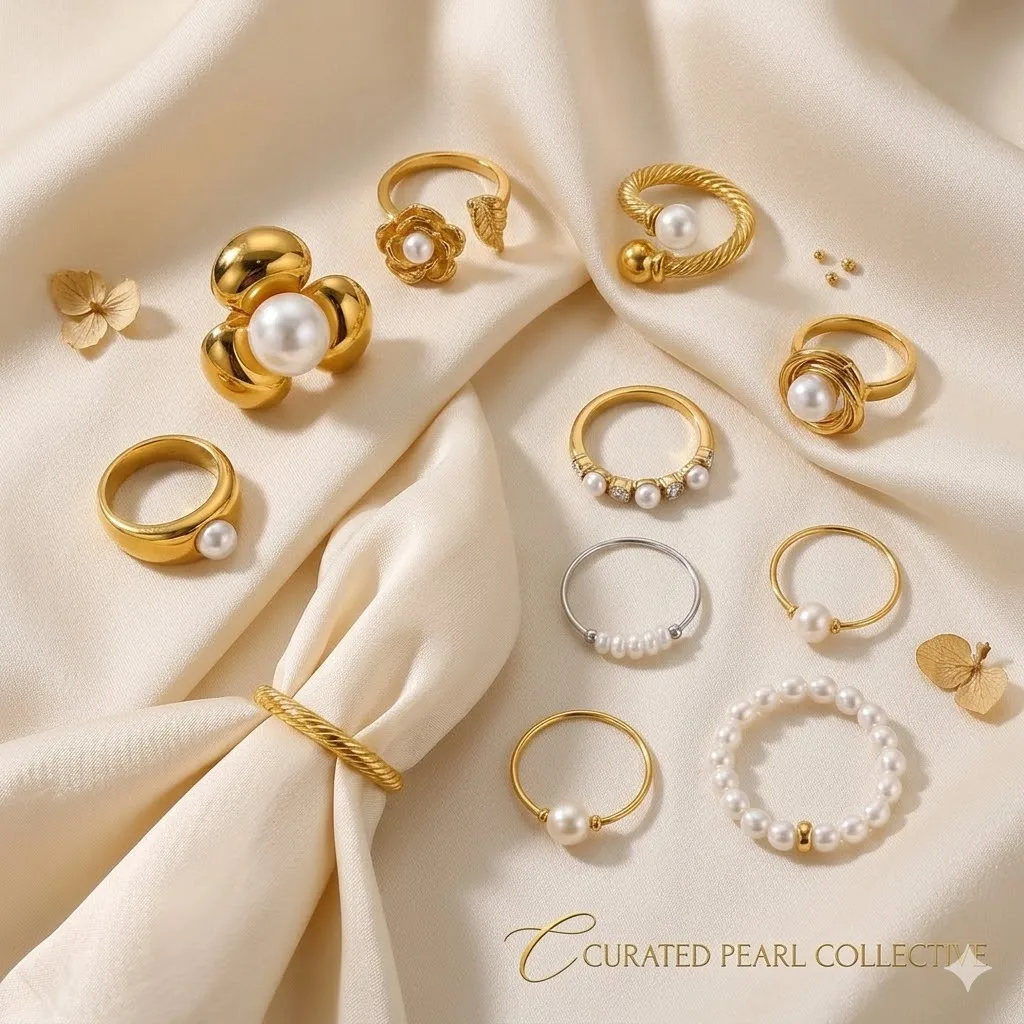 French Vintage Pearl Rings Set for Women 14K Gold Plated Baroque Pearl Ring Twisted Chunky Statement Finger Rings Jewelry Gift view 3