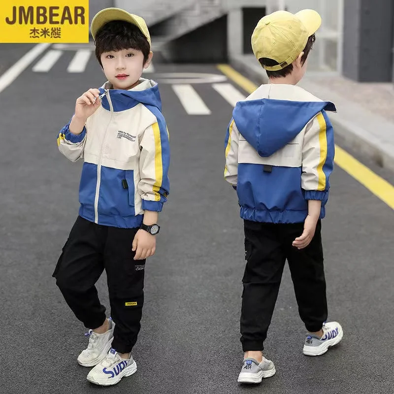 3-12 Years New Spring Autumn Boys Coat Handsome Splicing Style Hooded Windbreaker Jacket For Kids Children Birthday Present