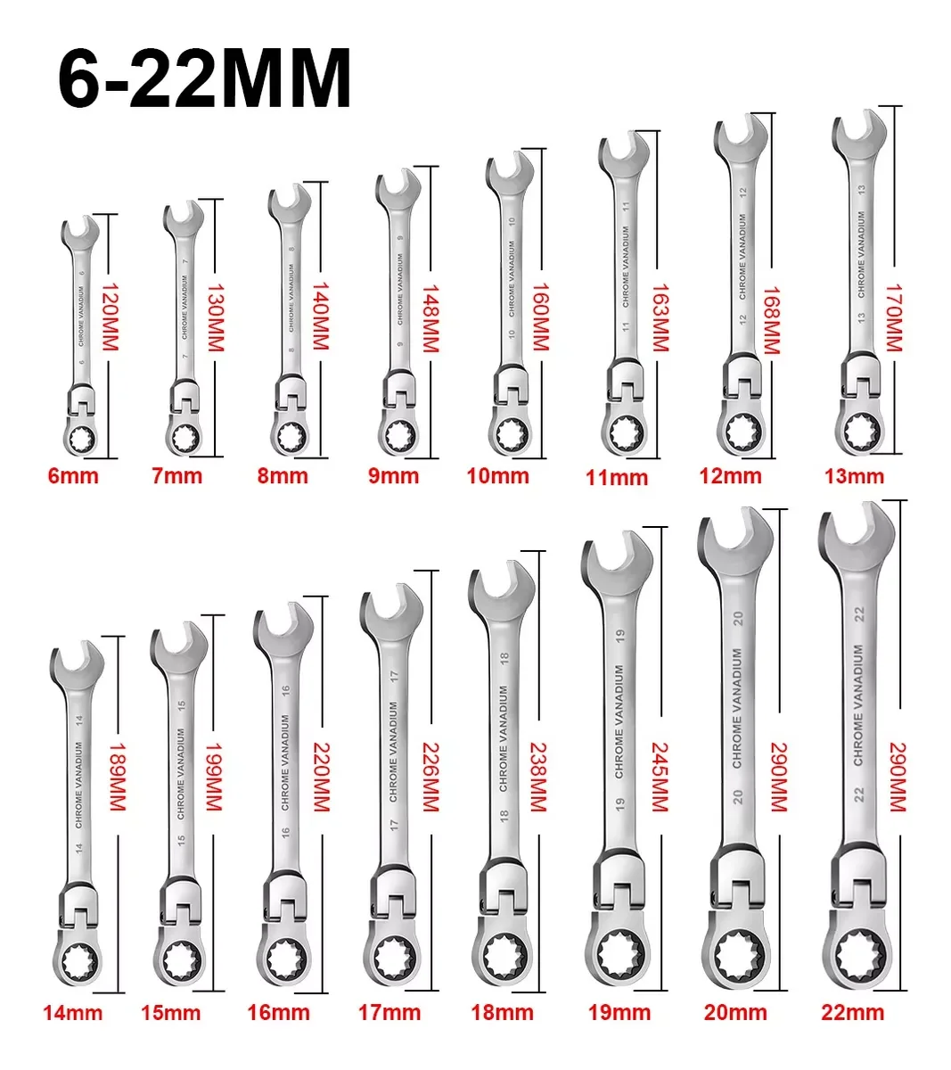 16-częściowy zestaw kluczy grzechotkowych Premium z elastyczną głowicą, 6-22 mm, trwałe wykonanie, z poręczną torbą do przechowywania - idealny do majsterkowania i samochodów