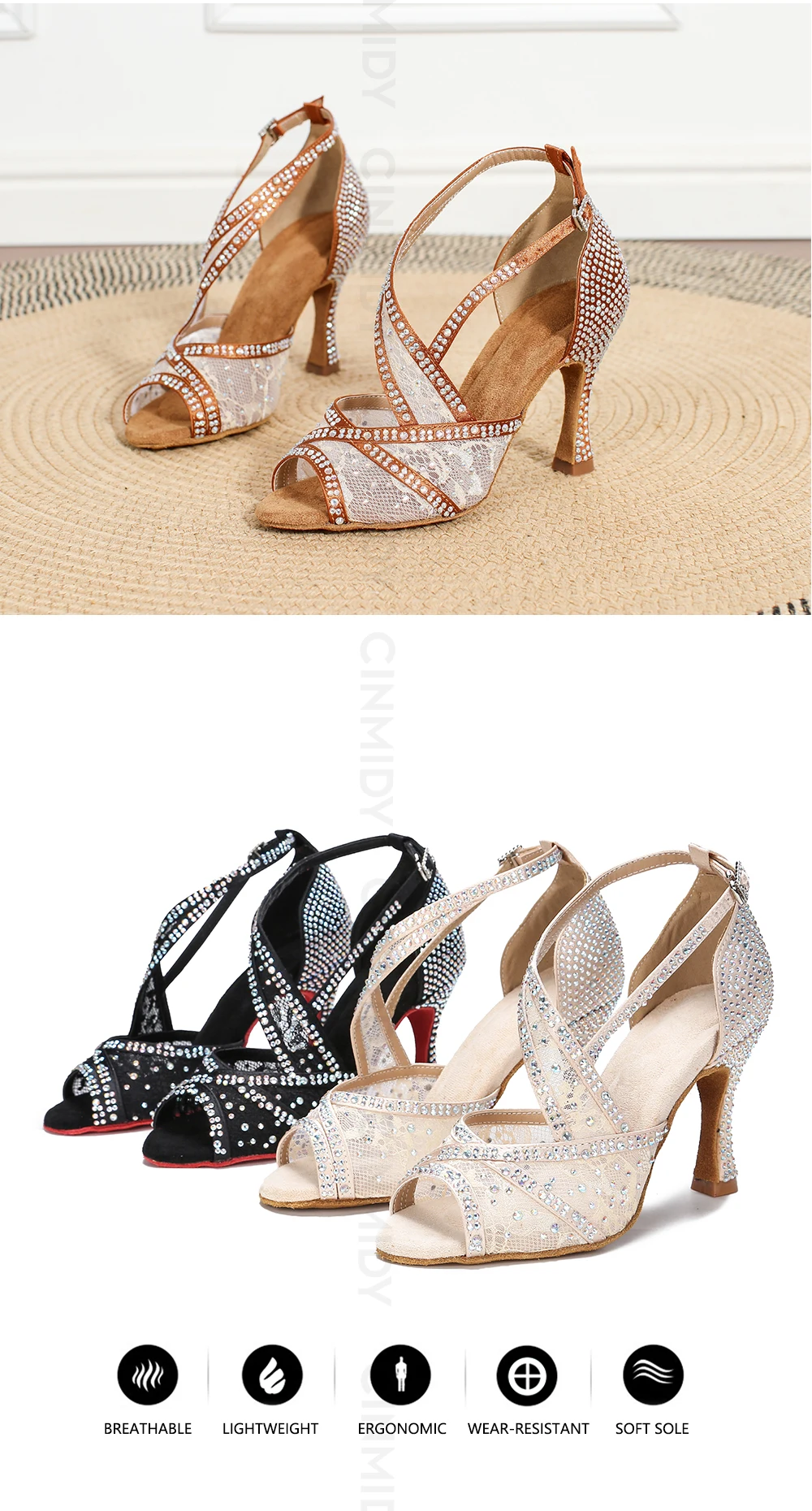 CINMIDY Rote Sohle Latein Tanzschuhe für Damen Tango Ballsaal Tanzschuhe Kubanischer Absatz Strass Hochzeitsschuhe Damensandalen – Detail 3
