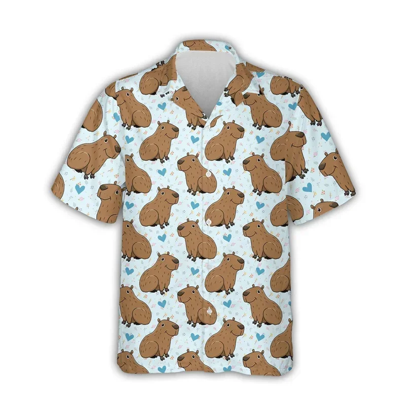 Kawaii Capybara Patroon Shirt Heren 3d Bedrukt Hawaii Aloha Strand Heren Shirt Met Korte Mouwen Cool Top Revers Shirt