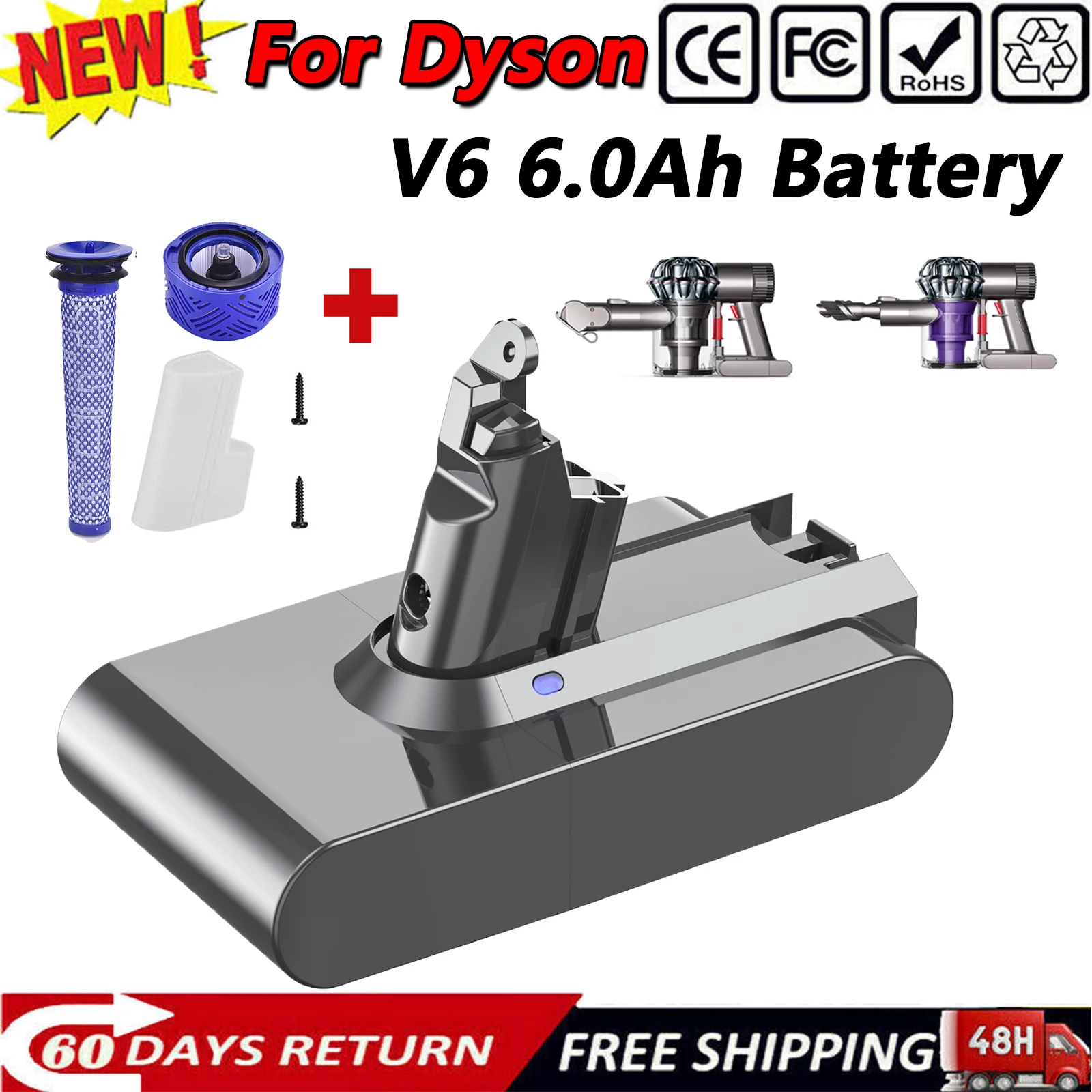 

21.6V Li-ion Replacement Battery For Dyson V6 DC58 DC59 DC61 DC62 SV09 SV07 SV06 SV04 SV03 Vacuum Cleaner Battery