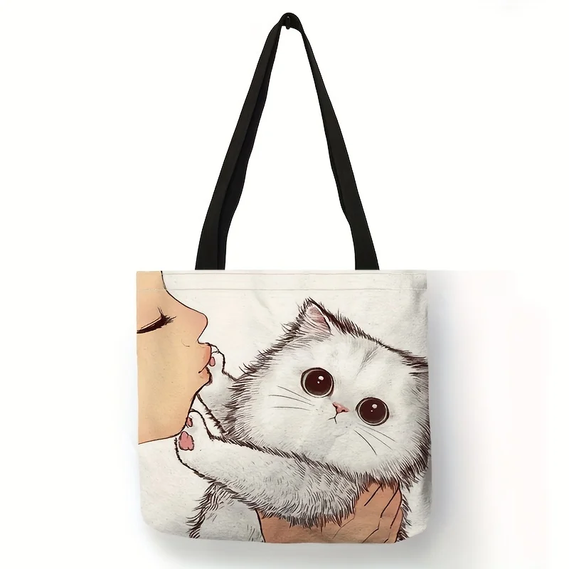 Niedliche Einkaufstasche mit Cartoon-Katzen-Aufdruck, Umhängetasche mit großem Fassungsvermögen, lässige Damenhandtasche für den Einkauf in der Arbeit, in der Schule – Detail 8