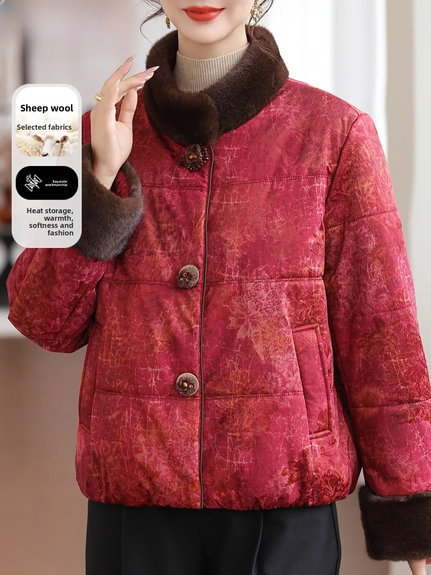 

New Chinese Sle Women's Woolen Cotton Jaet Red Cotton Coat for Middle-Aged And ly Autumn Winter Faion Warmth