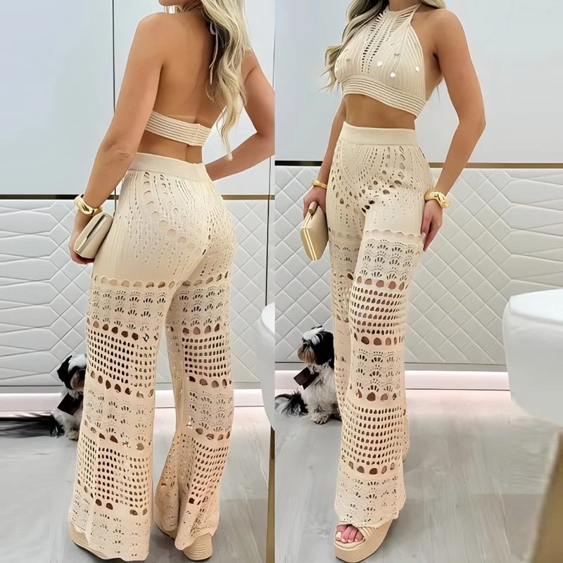 

Summer All Match Knitted Hollow-out Two-piece Vacation Set Elegant Halter Sleeveless Top & Long Pant Outfit Women Casual Suit