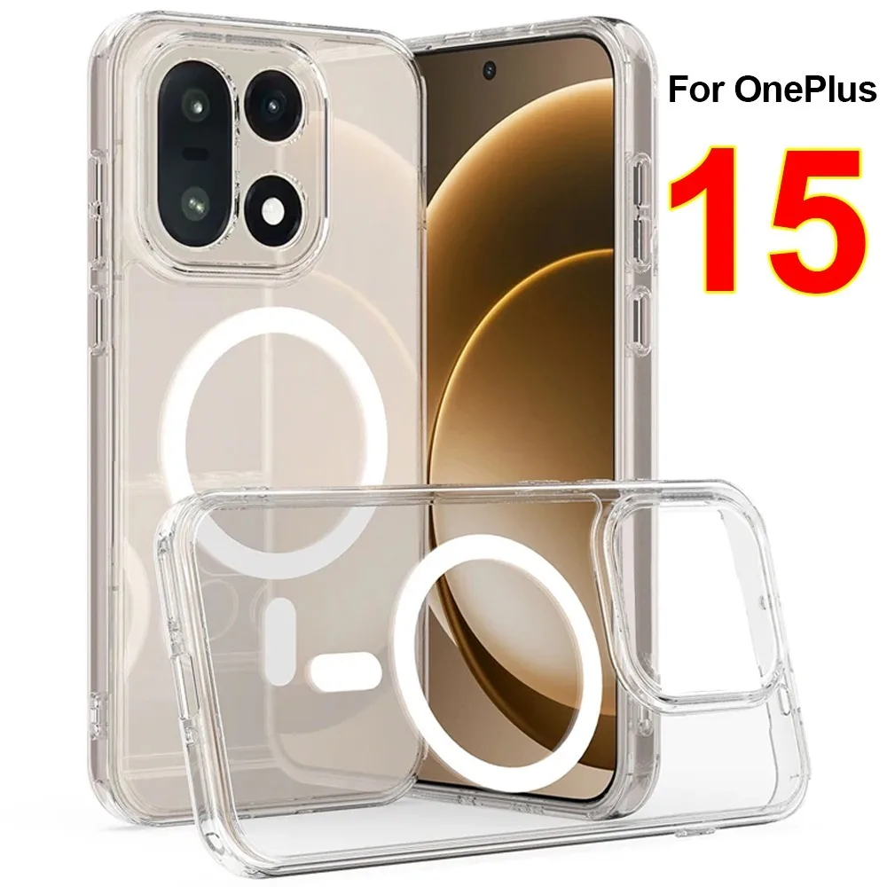 

Для OnePlus 15, магнитный прозрачный чехол, противоударный, прозрачный, мягкий, ТПУ + жесткая задняя крышка из ПК для One Plus 15 1 + 15, беспроводная зарядка