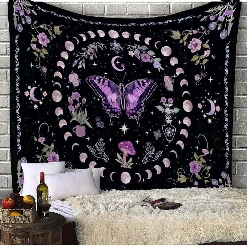 VIKAMA Mysterious Moth Butterfly Sun Moon Flower Tapestry Bohemian Wall Hanging Bedroom Dormitory Female Room Home Decoration