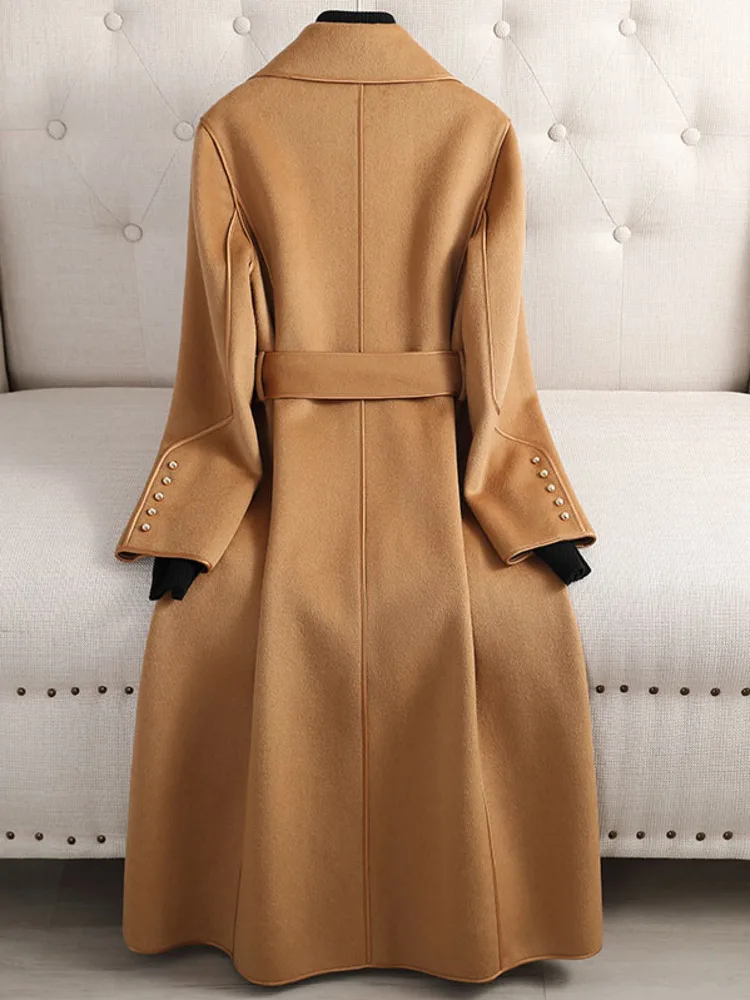 LANMREM Long Double Sided Wool Coat Lapel Solid Color Belt Winter Coats Women Elegant Style Streetwear High End Clothing 2DA1960