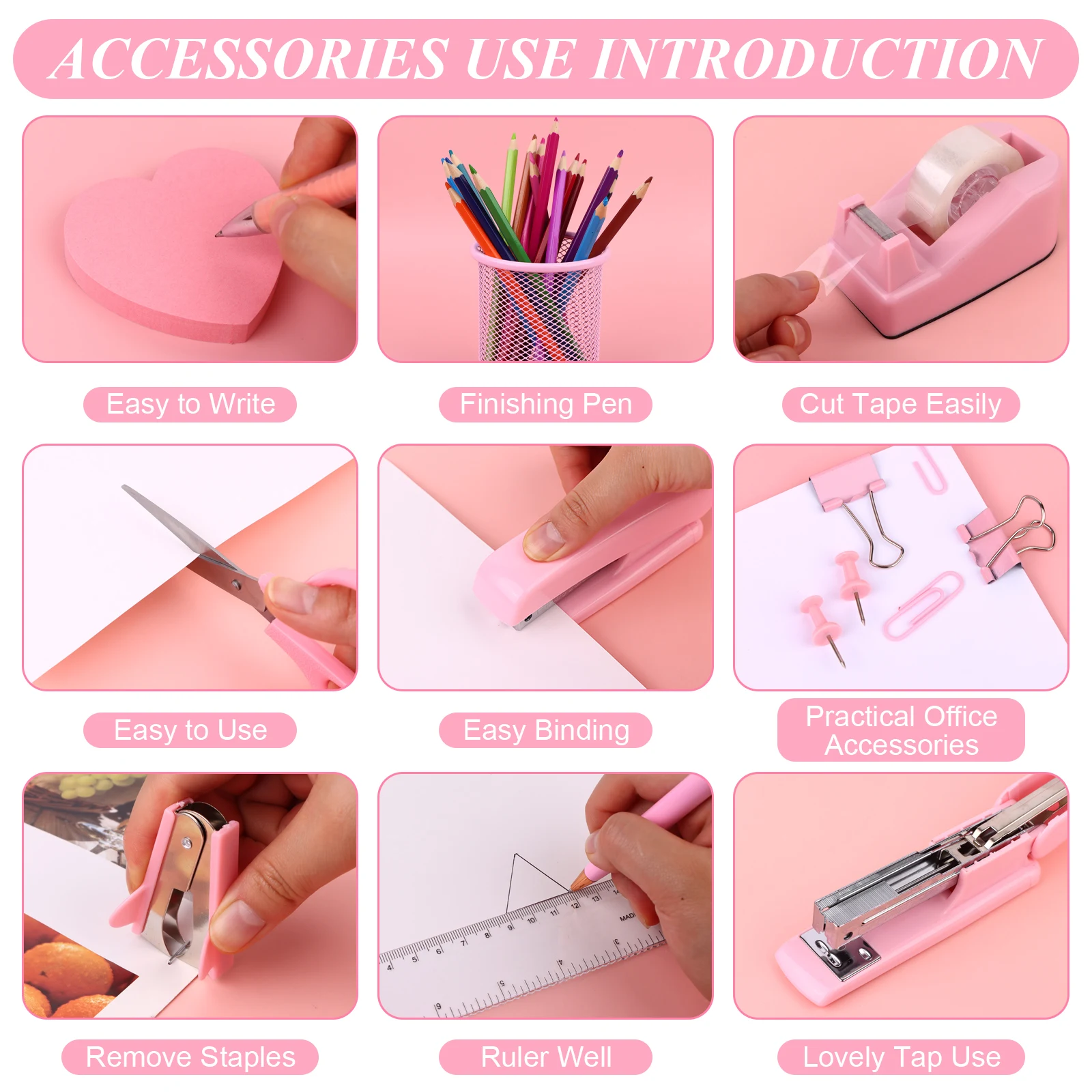 Imagem -05 - Material de Escritório Conjunto para Mulheres Grampeador e Dispensador de Fita Acessórios de Mesa Grampo Caneta Titular Tesoura 12 Pcs por Conjunto Rosa