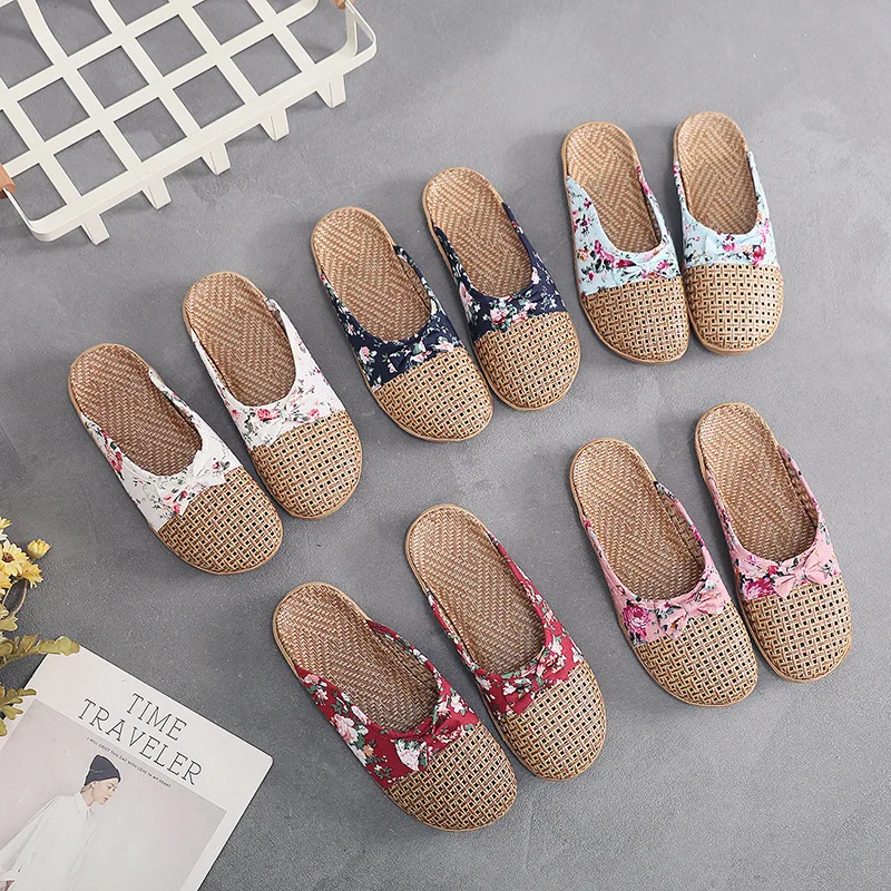 Summer Shose Women Slippers Beach Flip Flops Breathable Linen Flat Slippers Female Casual Flax Bow Ladies Slippers Sandals Shoes