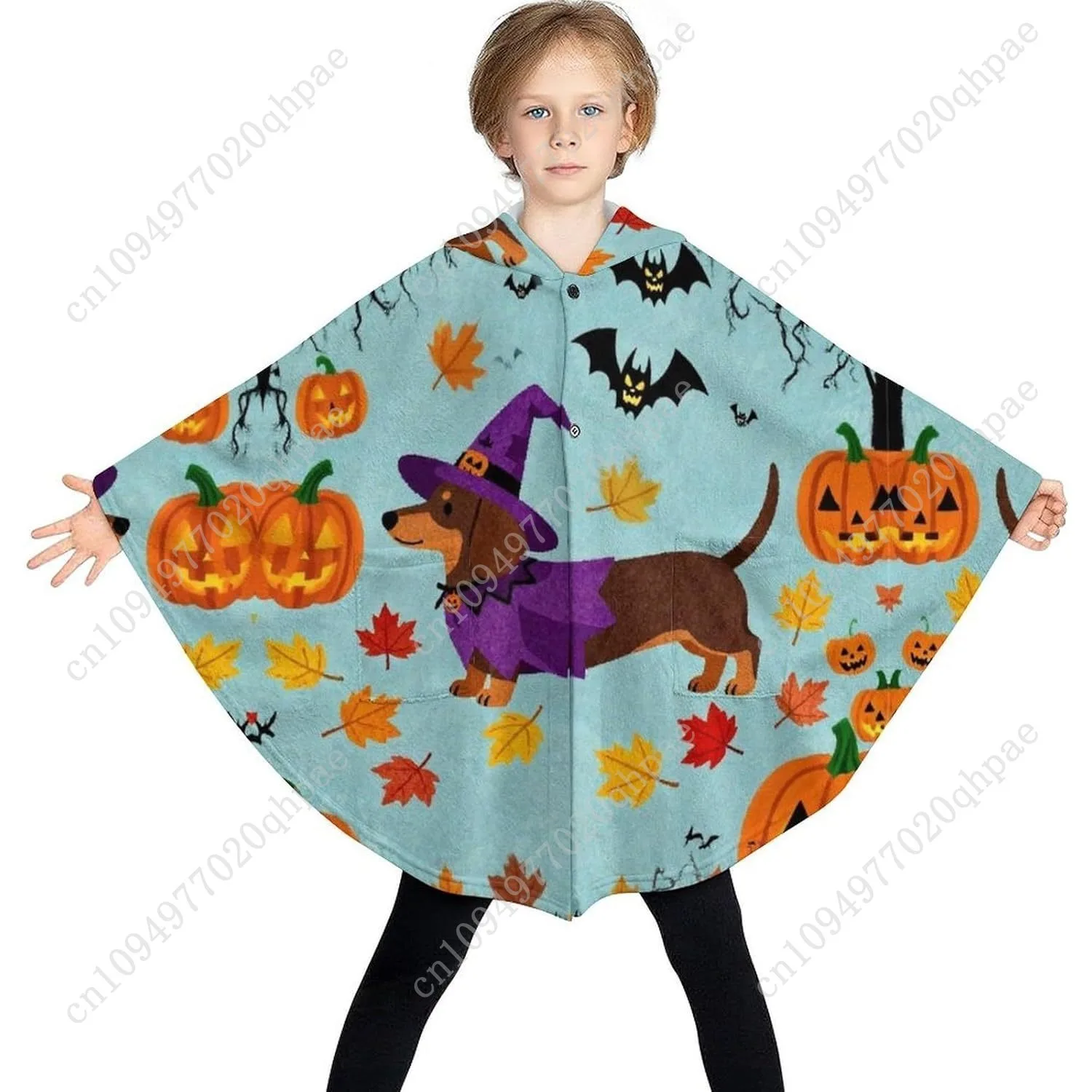 سترة بطانية مريحة من الفلانيل، هوديي كبير الحجم للهالوين Dachshund Bat Pumpkin مع جيوب للأطفال والمراهقين